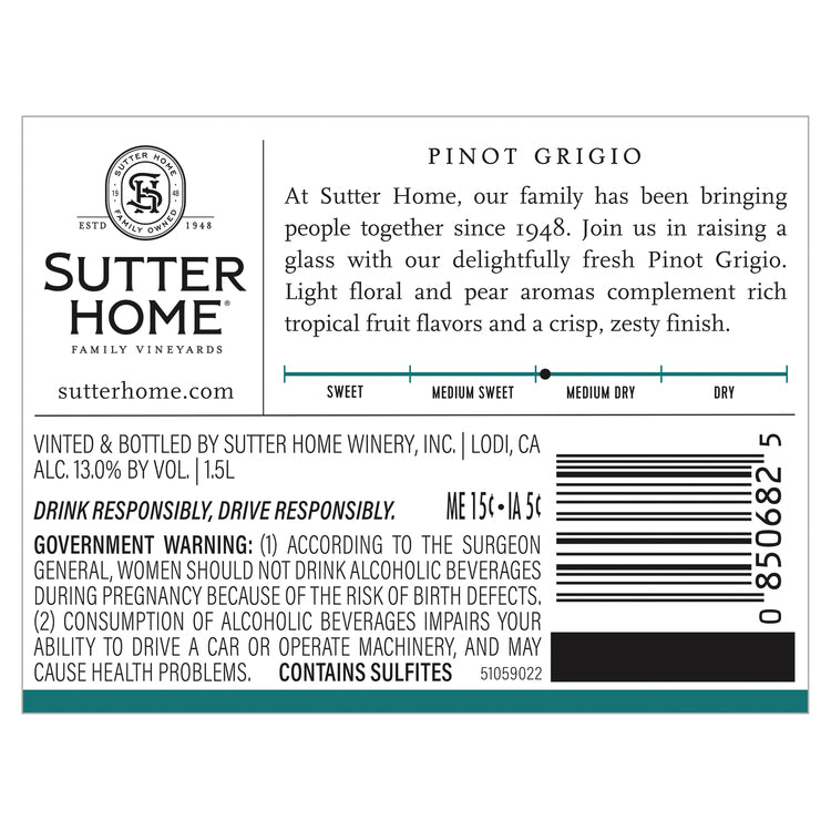 Sutter Home Pinot Grigio California - 1.5L - Back Label