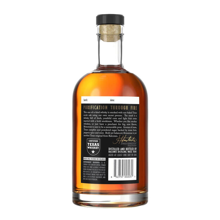 Balcones Corn Whiskey Brimstone Texas Scrub Oak Smoked Pot Distilled 1 - 750ML - Back