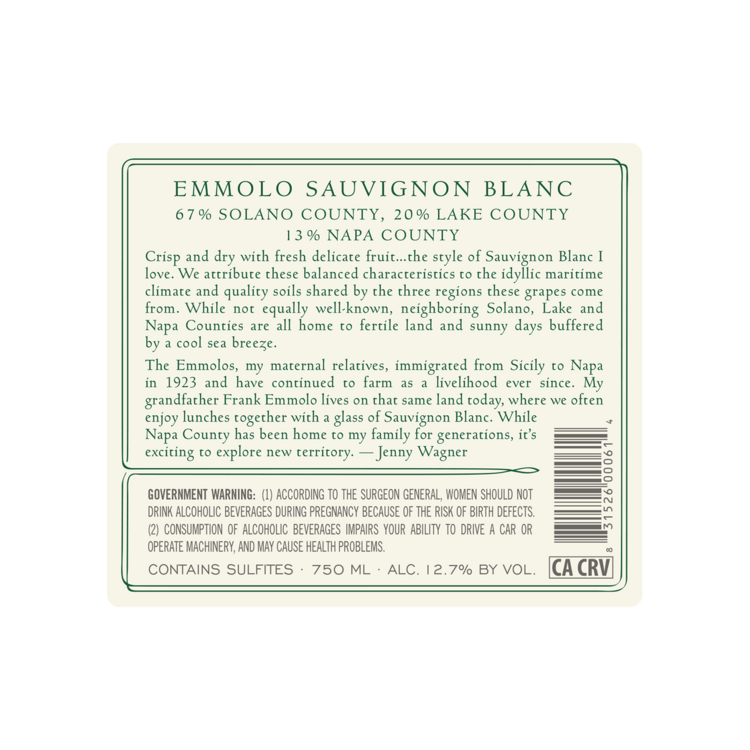 Emmolo Sauvignon Blanc Lake County/Napa County/Solano County Californi - 375ML - Back Label