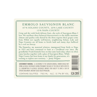 Emmolo Sauvignon Blanc Lake County/Napa County/Solano County Californi - 375ML - Back Label