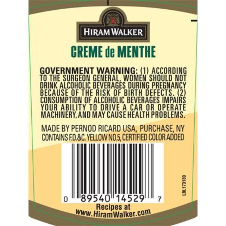 Hiram Walker Creme De Menthe Green 30 - 1.0L - Back Label