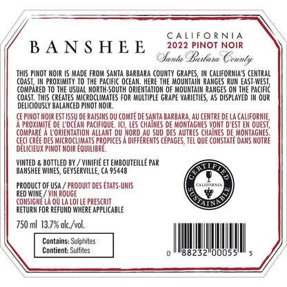 Banshee Pinot Noir Santa Barbara County 2022 - 750ML - Back Label