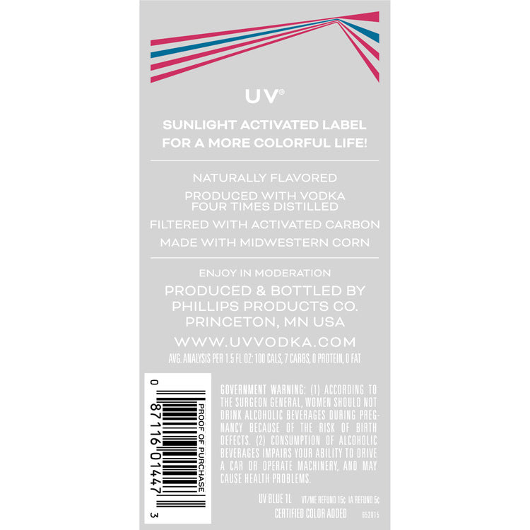 Uv Blue Raspberry Flavored Vodka 60 - 1.0L - Back Label