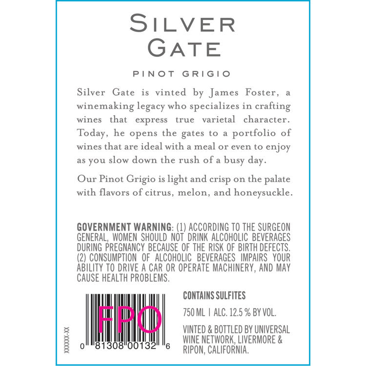 Silver Gate Vineyards Pinot Grigio California - 750ML - Back Label