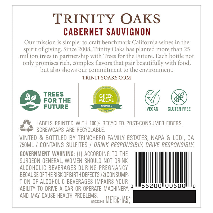 Trinity Oaks Cabernet Sauvignon California - 750ML - Back Label