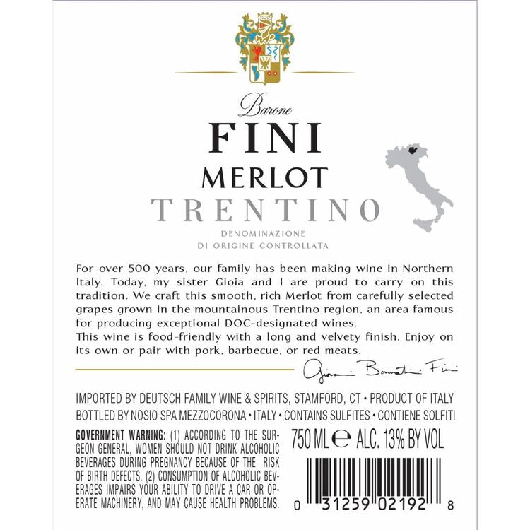 Barone Fini Merlot Trentino - 750ML - Back Label
