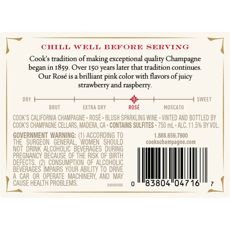 Cook's Blush Champagne Sweet Rose California - 750ML - Back Label