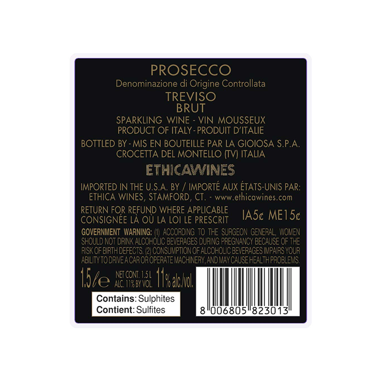 La Gioiosa Prosecco Treviso Brut - 750ML - Back Label