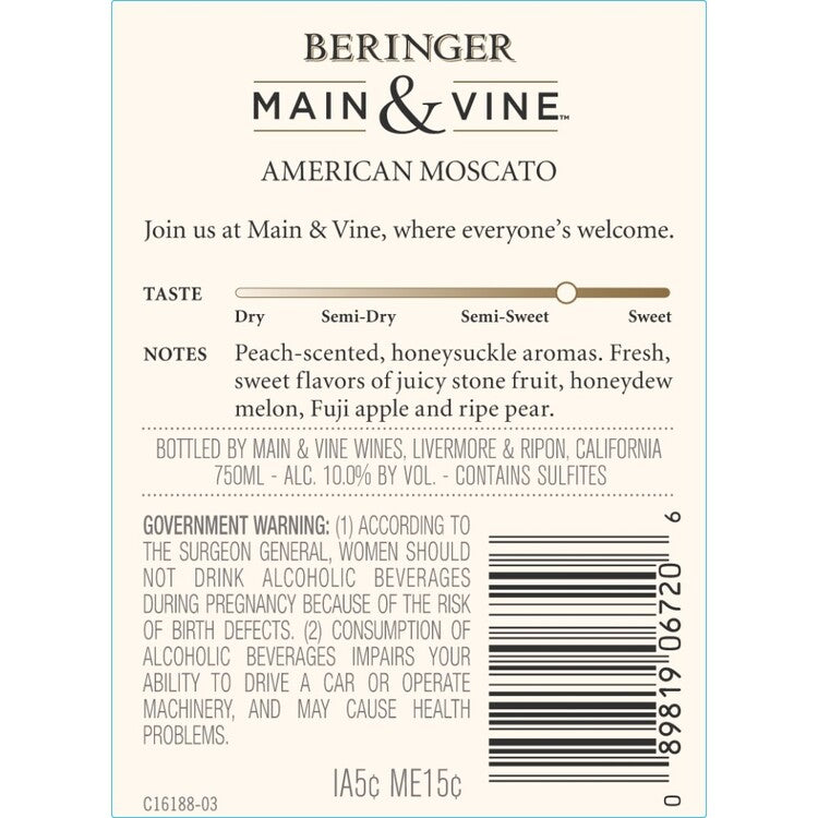 Beringer Main & Vine Moscato California - 750ML - Back Label