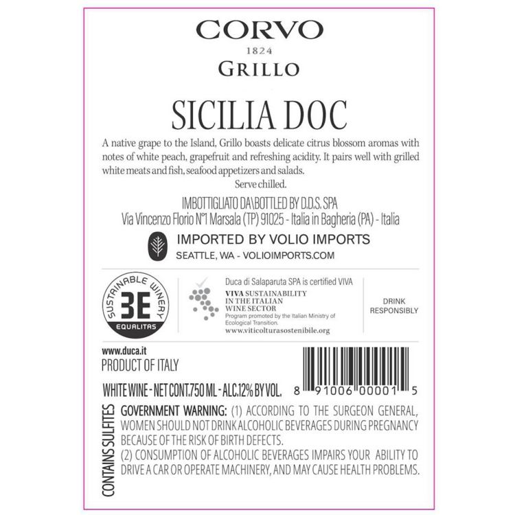 Corvo Grillo Sicilia - 750ML - Back Label