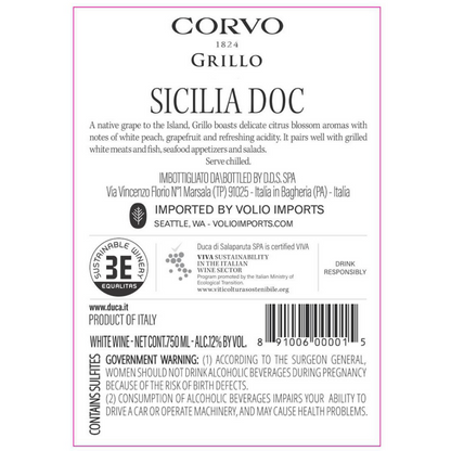 Corvo Grillo Sicilia - 750ML - Back Label
