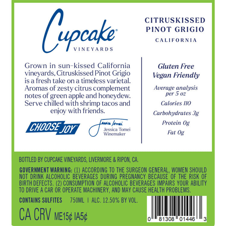 Cupcake Vineyards Pinot Grigio Citruskissed California - 750ML - Back