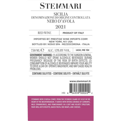 Stemmari Nero D'Avola Sicilia - 750ML - Back Label
