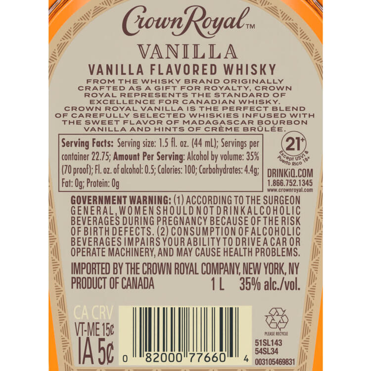 Crown Royal Vanilla Whisky Canadian 70 - 1.0L - Back Label