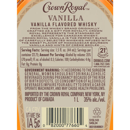 Crown Royal Vanilla Whisky Canadian 70 - 1.0L - Back Label