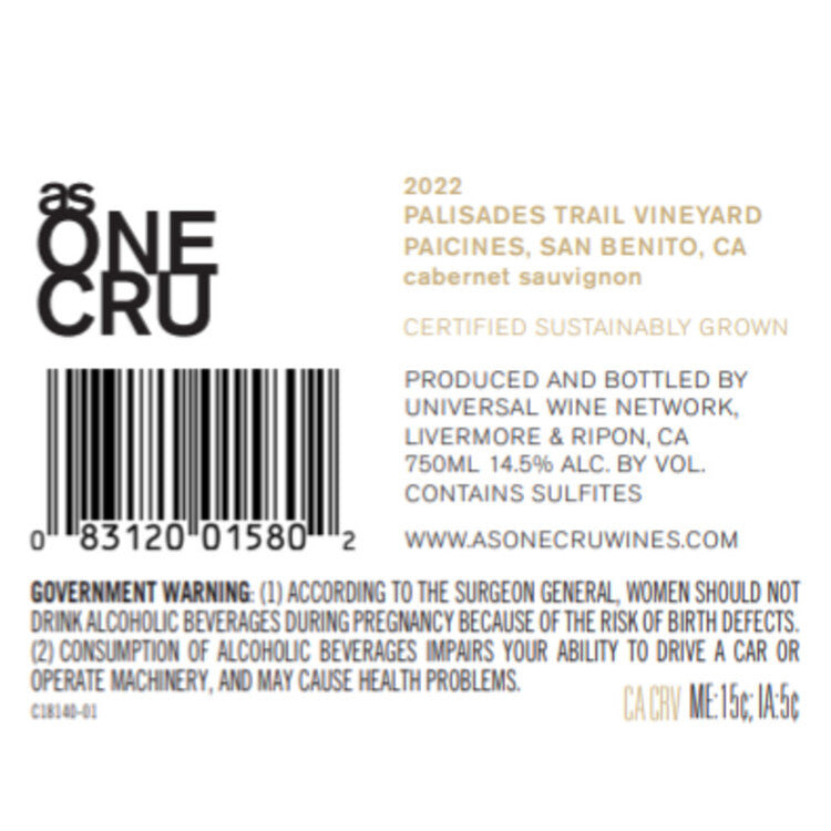 As One Cru Cabernet Sauvignon Palisades Trail Vineyard Paicines Projec - 750ML - Back