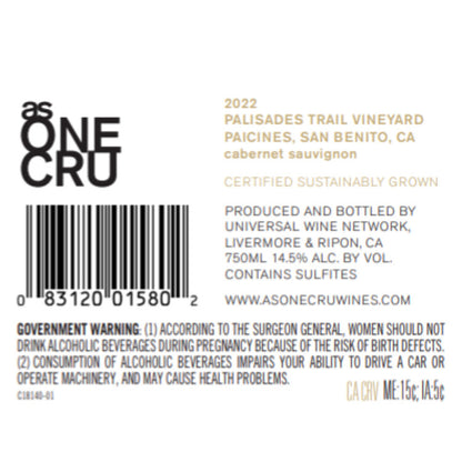 As One Cru Cabernet Sauvignon Palisades Trail Vineyard Paicines Projec - 750ML - Back