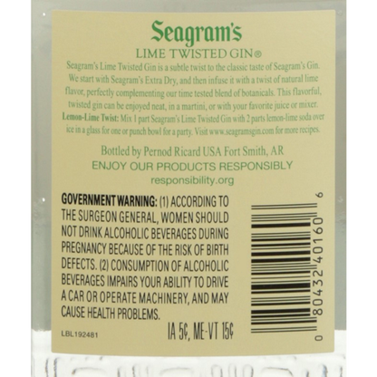 Seagram's Lime Flavored Gin Twisted 70 - 750ML - Back Label