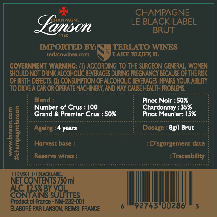 Lanson Champagne Brut Le Black Label - 375ML - Back Label