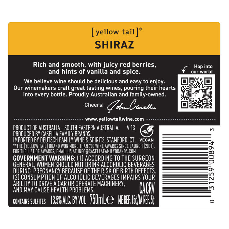 Yellow Tail Shiraz South Eastern Australia - 750ML - Back Label