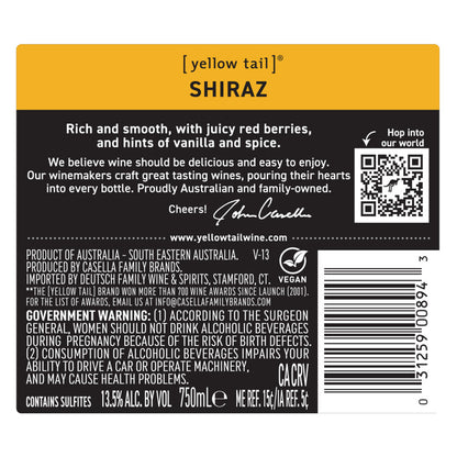 Yellow Tail Shiraz South Eastern Australia - 750ML - Back Label