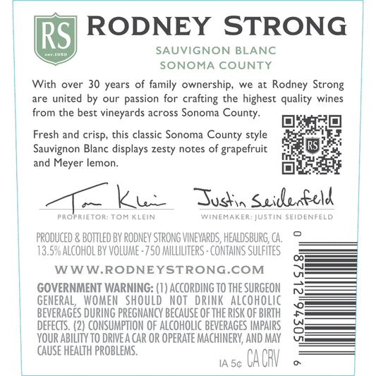 Rodney Strong Sauvignon Blanc Charlotte's Home Vineyard Sonoma County - 750ML - Back Label