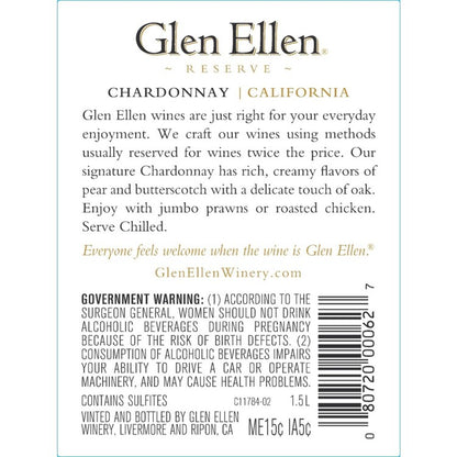 Glen Ellen Chardonnay Reserve California - 1.5L - Back Label