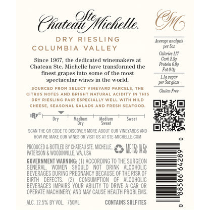Chateau Ste. Michelle Riesling Dry Columbia Valley - 750ML - Back Label