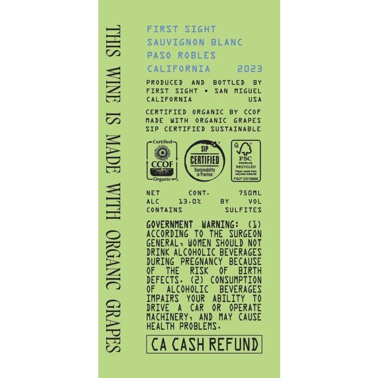 First Sight Sauvignon Blanc Paso Robles - 750ML - Back Label