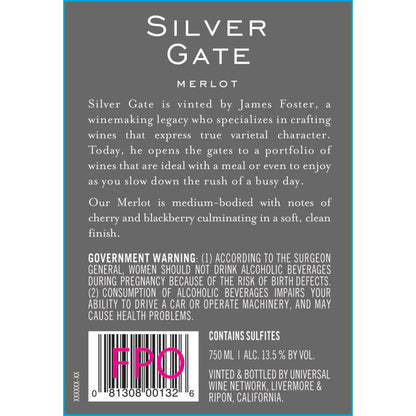 Silver Gate Vineyards Merlot California - 750ML - Back Label