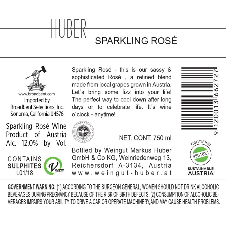 Markus Huber Rose Sparkling Hugo Austria - 750ML - Back Label
