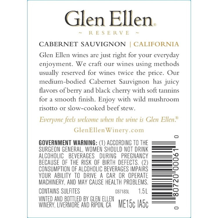 Glen Ellen Cabernet Sauvignon Reserve California - 1.5L - Back Label