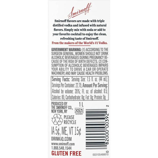 Smirnoff Vodka Citrus Flavored 60 - 1.0L - Back Label