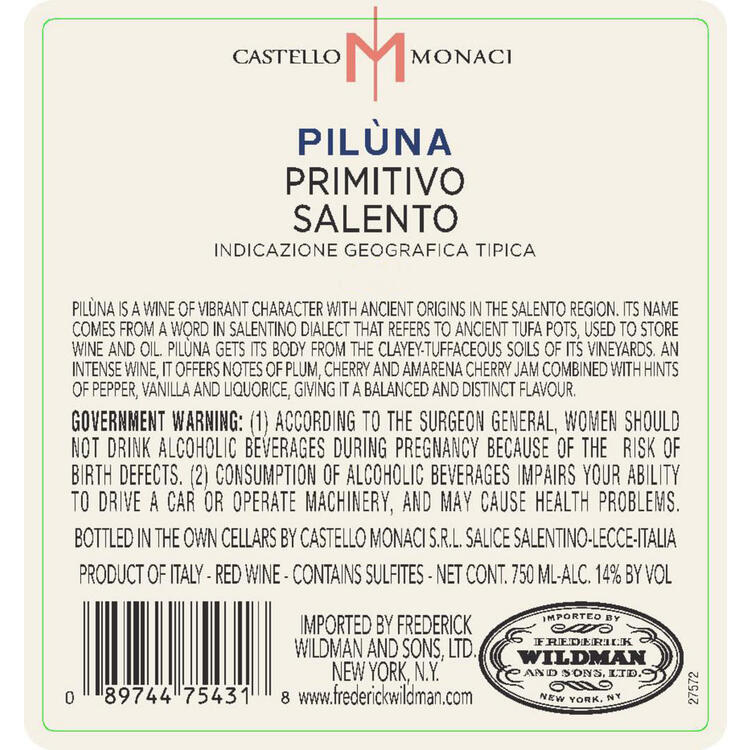 Castello Monaci Primitivo Piluna Salento 2023 - 750ML - Back Label