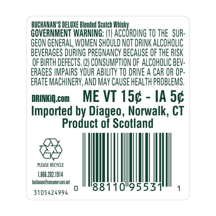 Buchanan's Blended Scotch Deluxe 12 Yr 80 - 1.75L - Back Label