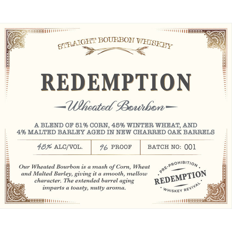 Redemption Straight Bourbon Wheated 96 - 750ML - Front Label