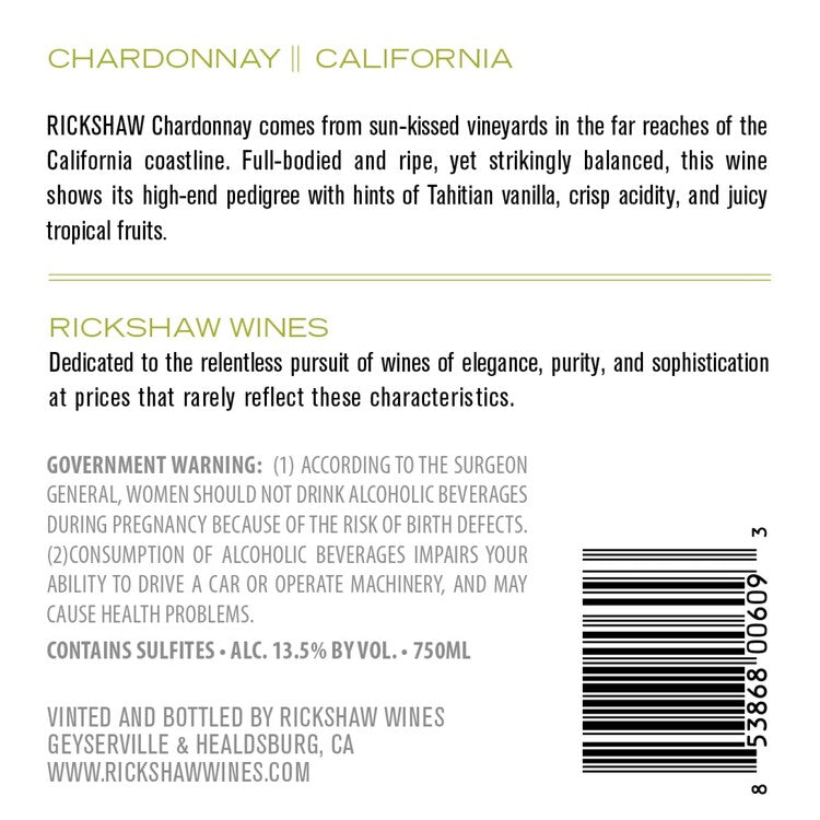 Rickshaw Chardonnay California - 19.5L - Back