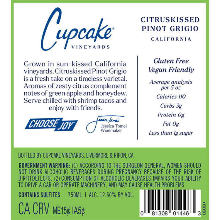 Cupcake Vineyards Pinot Grigio Citruskissed California - 750ML - Back Label