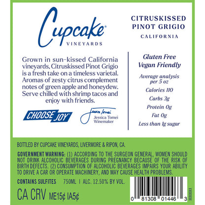 Cupcake Vineyards Pinot Grigio Citruskissed California - 750ML - Back Label