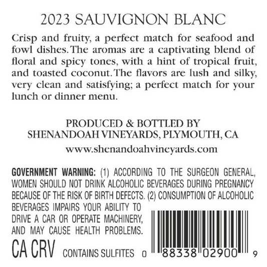 Shenandoah Vineyards Sauvignon Blanc Amador County 2024 - 750ML - Back Label