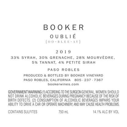 Booker Oublie Aged 18 Months In French Oak Barrels Paso Robles 2020 - 750ML