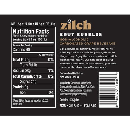 Zilch Sparkling White California Non Alcoholic - 750ML - Back Label