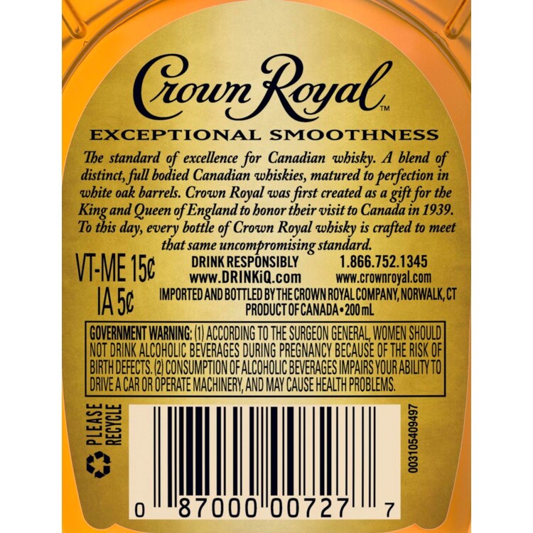 Crown Royal Canadian Whisky Fine Deluxe 80 - 200ML - Back Label