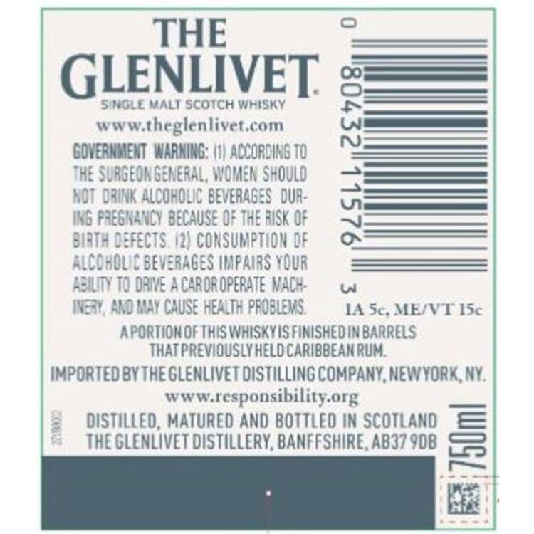 The Glenlivet Single Malt Scotch Caribbean Reserve 80 - 750ML - Back Label