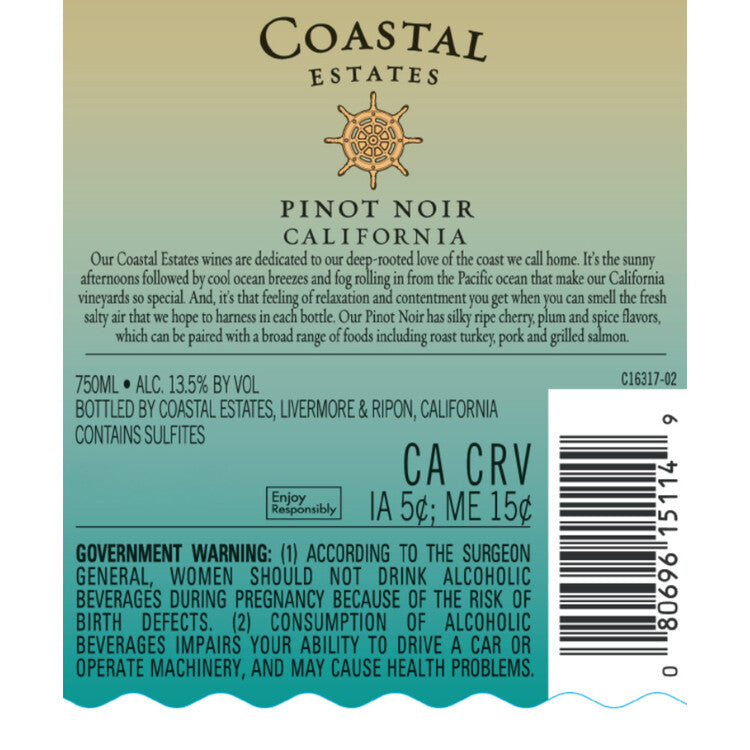 Coastal Estates Pinot Noir California - 750ML - Back