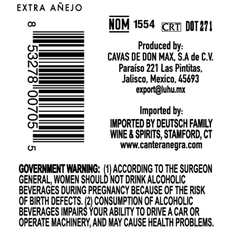 Cantera Negra Tequila Extra Anejo 80 - 750ML - Back Label