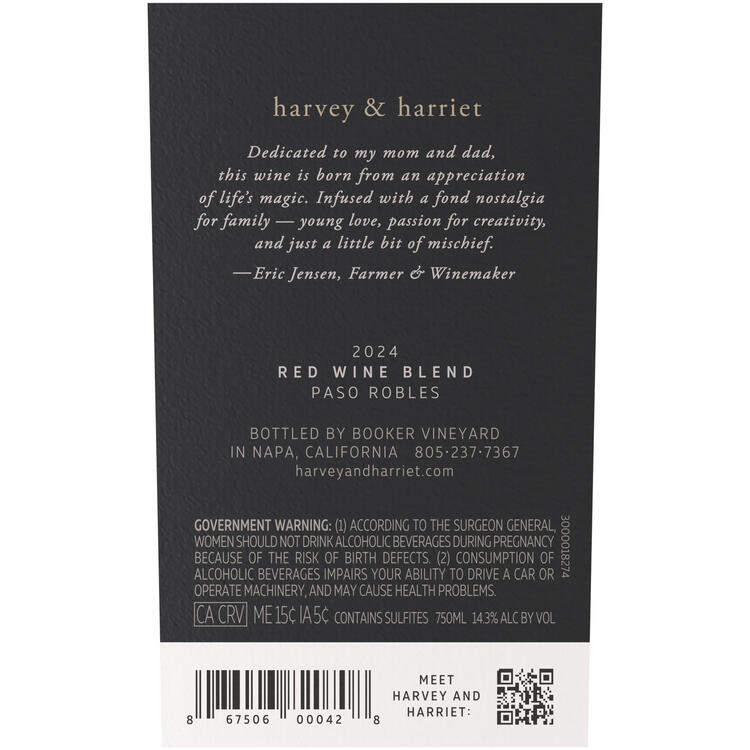 Harvey & Harriet Red Wine Blend Paso Robles 2023 - 750ML - Back Label