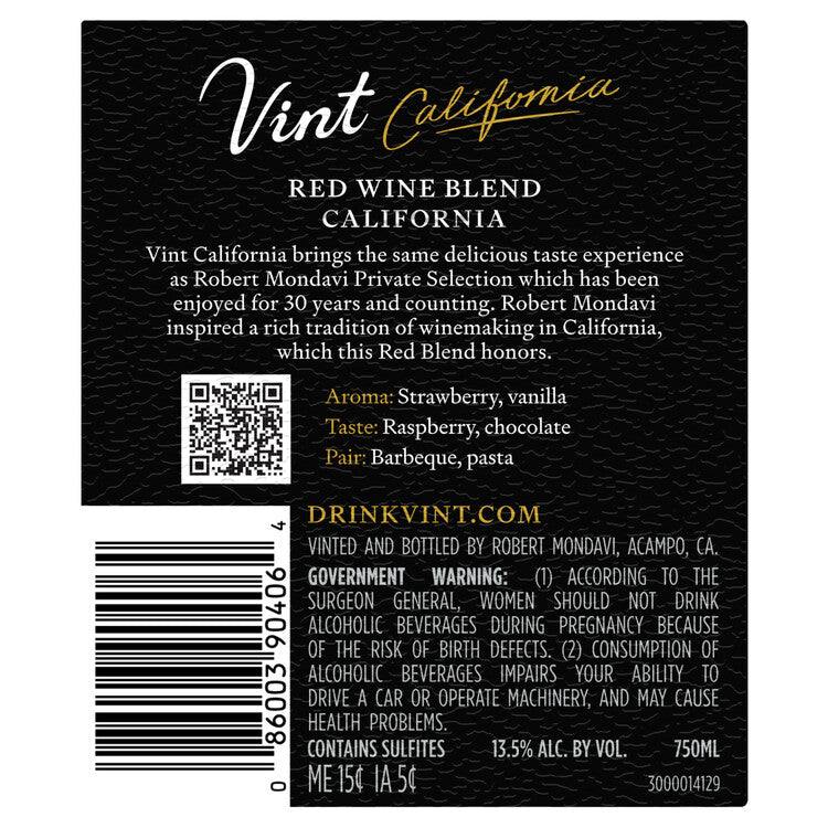 Robert Mondavi Private Selection Red Blend California - 750ML - Back Label