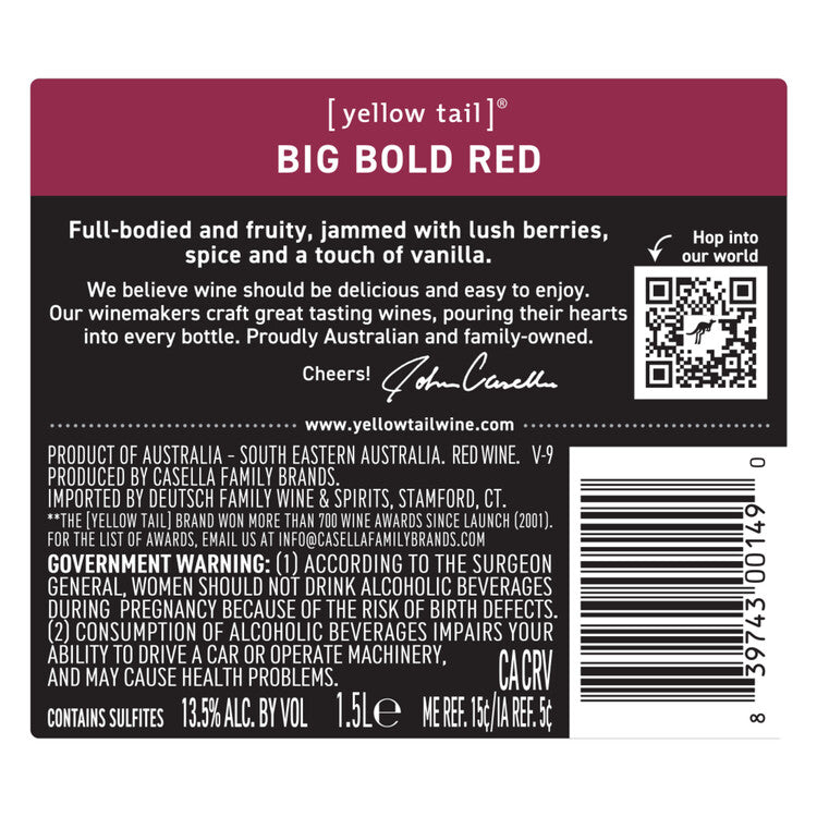 Yellow Tail Big Bold Red South Eastern Australia - 1.5L - Back Label