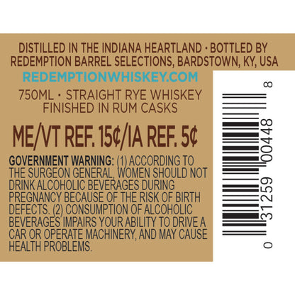 Redemption Straight Rye Whiskey Rum Cask Finish Batch No 1 94 - 750ML - Back